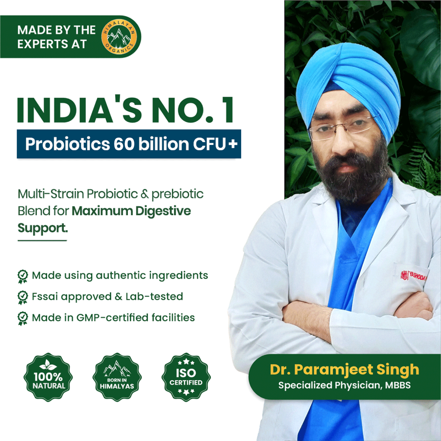 Vlado’s Himalayan Organic Probiotics 60 Billion CFU + 170Mg Prebiotics + 24 Strains Supplement | Better Nutrient Absorption | Healthy Digestion, Stronger Immunity & Overall Wellness - 60 Veg Capsules