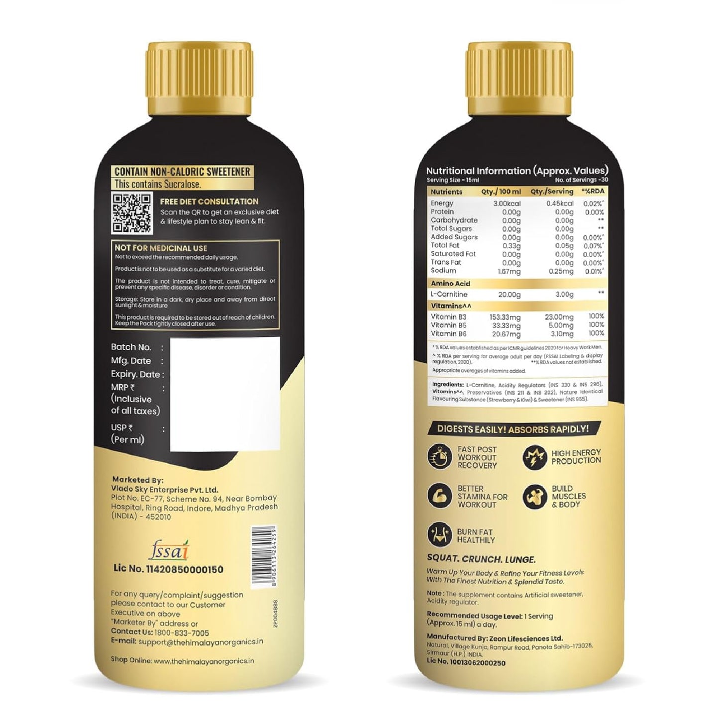 Vlado's Himalayan Organics L Carnitine Liquid 3000 mg I with Vitamin B3, B5, B6 I Pre Workout, Intra Workout & Post Workout Supplement I | Break fat cells for Healthy Weight Loss | 5X Strength | For Men & Women I 30 Servings Strawberry Flavor - 450 ML