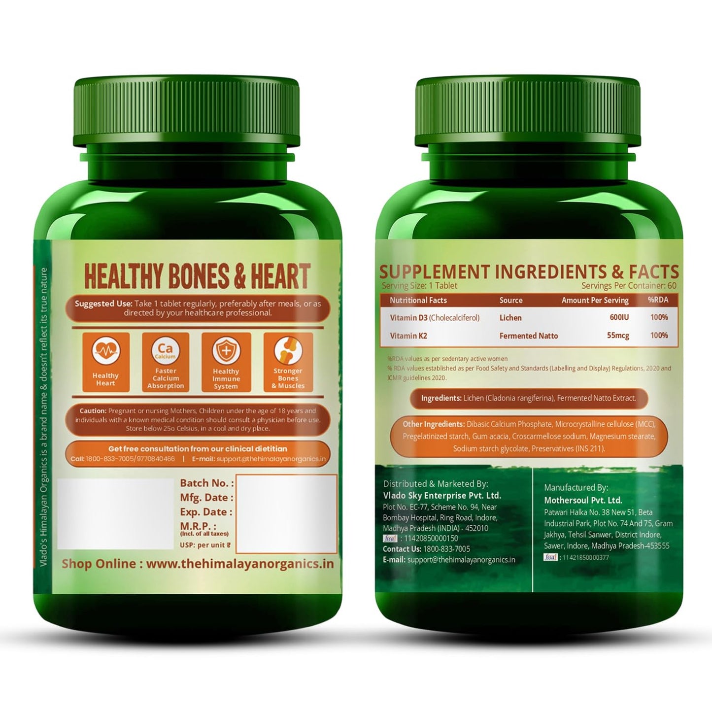 Vlado's Himalayan Organics Vitamin D3 K2 Tablets 600 IU with K2 MK7 55 mcg | Lichen Source Plant Based Vitamin D3 Supplement | Supports Bone Health, Calcium Absorption, Heart Health & Immunity | 60 Veg Tablets