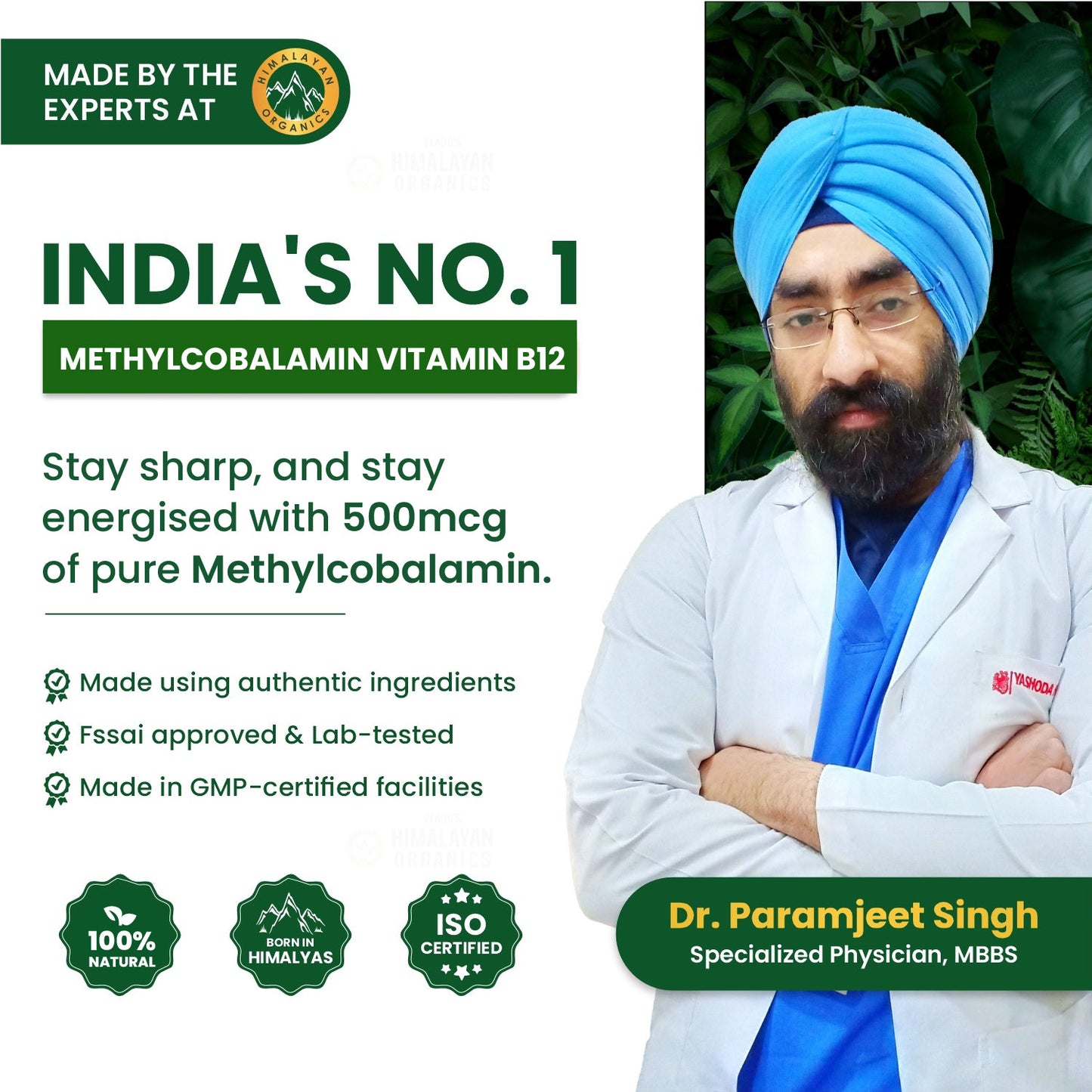 Vlado's Himalayan Organics Vitamin B12 Supplements - Methylcobalamin 500mcg I B12 Active form of Methylcobalamin I 100% RDA I For Memory, Brain, Heart & Nervous System Support I For Men & Women- 90 Tablets