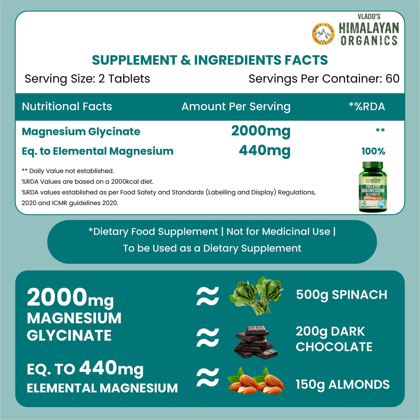 Vlado's Himalayan Organics Chelated Magnesium Glycinate Supplement 2000mg | Highly Absorbable Magnesium I Support in Muscle, Cramps, Recovery, & Nerve Relaxation, Better Sleep Quality for Men & Women - 120 Veg Tab