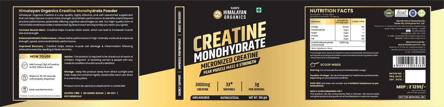 Vlado's Himalayan Organics Pure Micronised Creatine Monohydrate Powder I Pre/Post Workout Supplement, Instant Energy for Athletic Performance I Faster Muscle Building & Recovery I Unflavored - 33 Servings