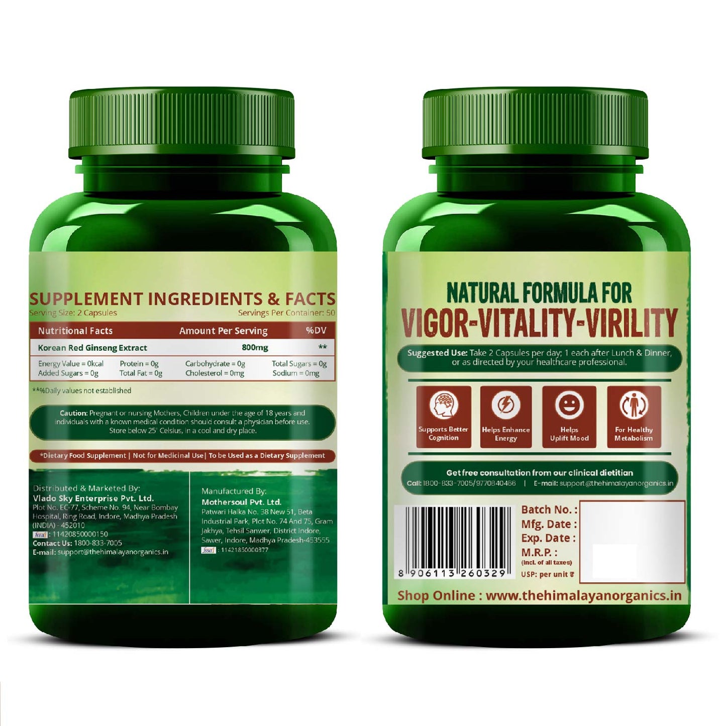 Vlado's Himalayan Organics Korean Red Ginseng 800mg/Serve - 100 Vegetarian Capsules
