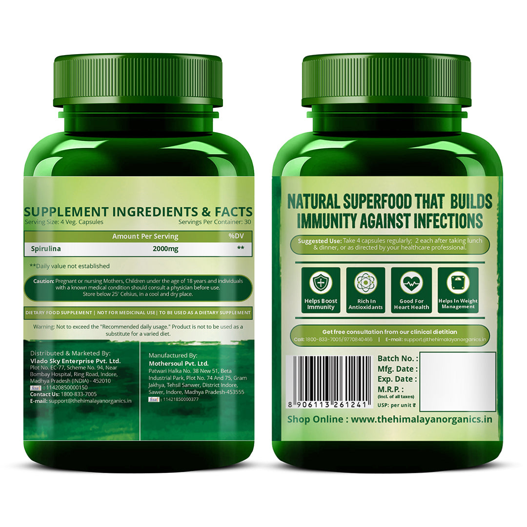 Vlado's Himalayan Organics Spirulina 2000mg Supplement For Men And Women - 120 Veg Capsules