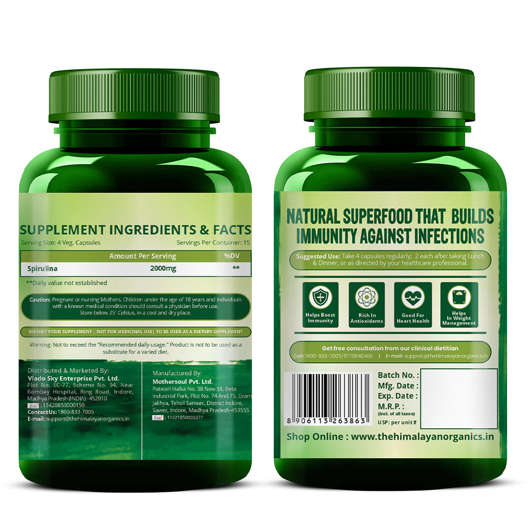 Vlado's Himalayan Organics Spirulina 2000mg Supplement | Green Food For Good Health Weight Management And Immunity Booster | Helps In Healthy Heart - 60 Veg Capsules