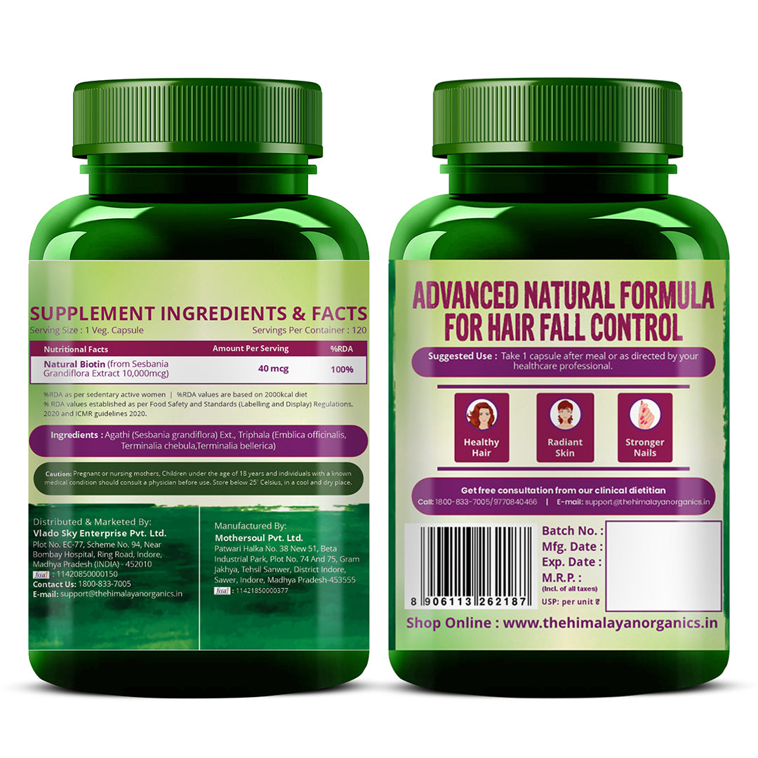 Vlado's Himalayan Organics Plant Based Biotin 10000 mcg for Hair Growth - 120 Veg Capsules