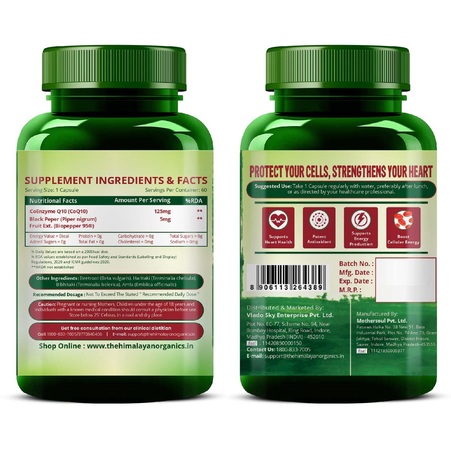 Vlado's Himalayan Organics CoQ10 -125mg With BioPepper - 5mg , COENZYME Q-10 125mg Supplement | High Absorption I Antioxidant Support Healthy Heart Boost Energy And Metabolism High Strength For Men And Women - 60 Veg Capsules