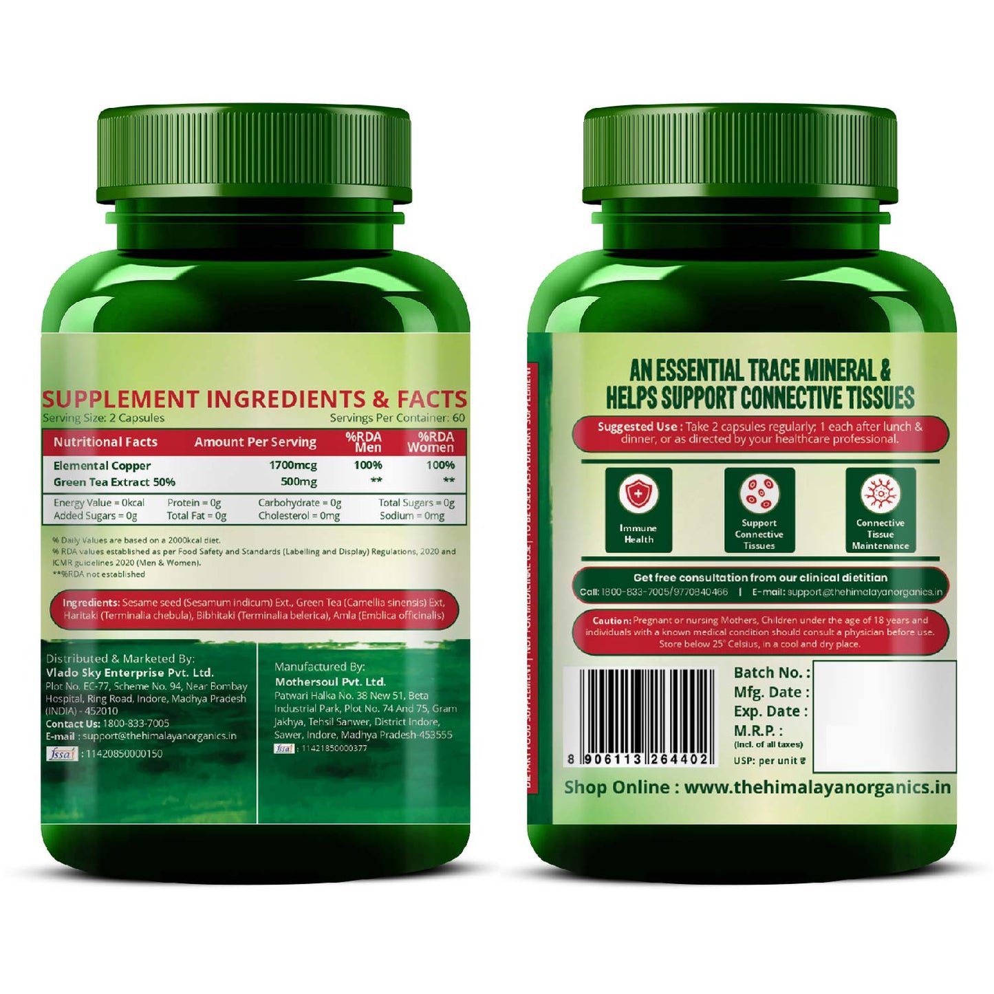 Vlado's Himalayan Organics Plant Based Copper 1700mcg with Green Tea Extract | Support Connective Tissues | Good For Bone Health - 120 Veg Capsules