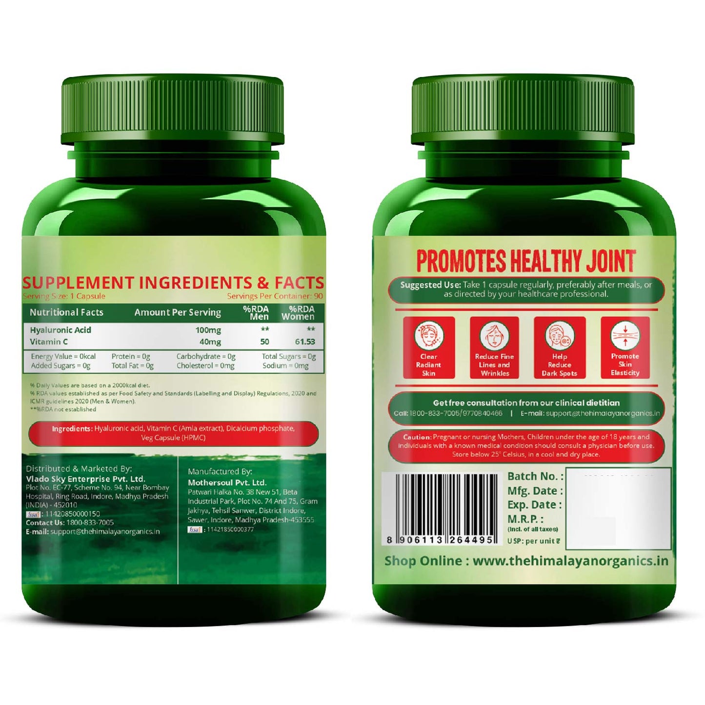 Vlado’s Himalayan Organics Hyaluronic Acid 100mg Supplement | Support Healthy Connective Tissue and Joints | Promote Youthful Glowing Skin - 90 Veg Capsules