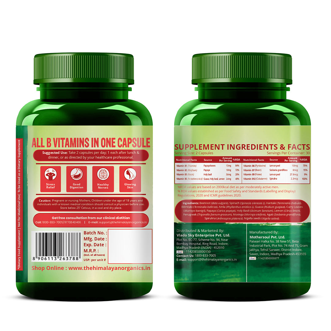 Vlado's Himalayan Organics Natural Vitamin B12 Supplement- with Vitamin B1,B2,B3,B5,B6,B7,B9,Moringa | Support Nerve Health & Brain Function I Energy Production, Energy, Maximize Absorption, Boost Metabolism I For Men & Women - 60 Vegetarian Capsules