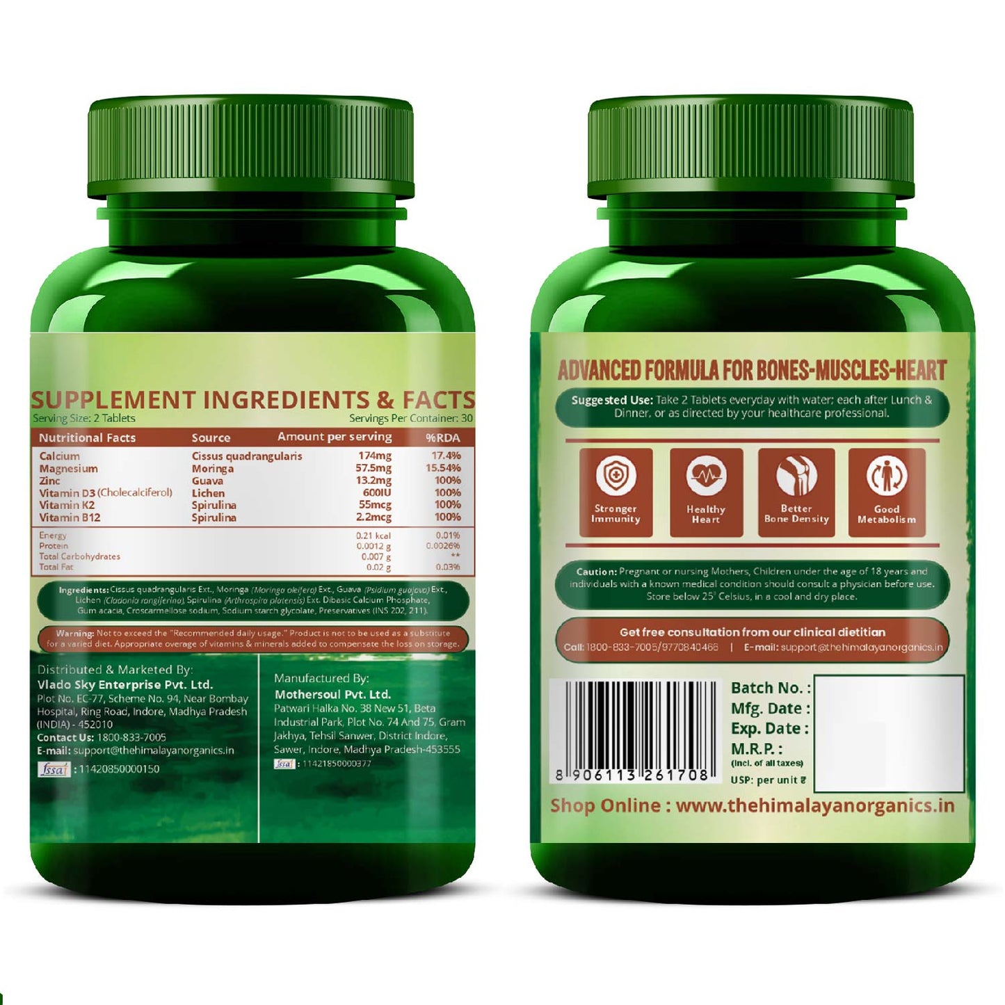 Vlado's Himalayan Organics Plant Based Calcium Magnesium + Zinc | Vitamin D3+k2 Supplement For Stronger Bones | Boost Immunity | Healthy Heart | Muscle Growth - 60Veg Tablets