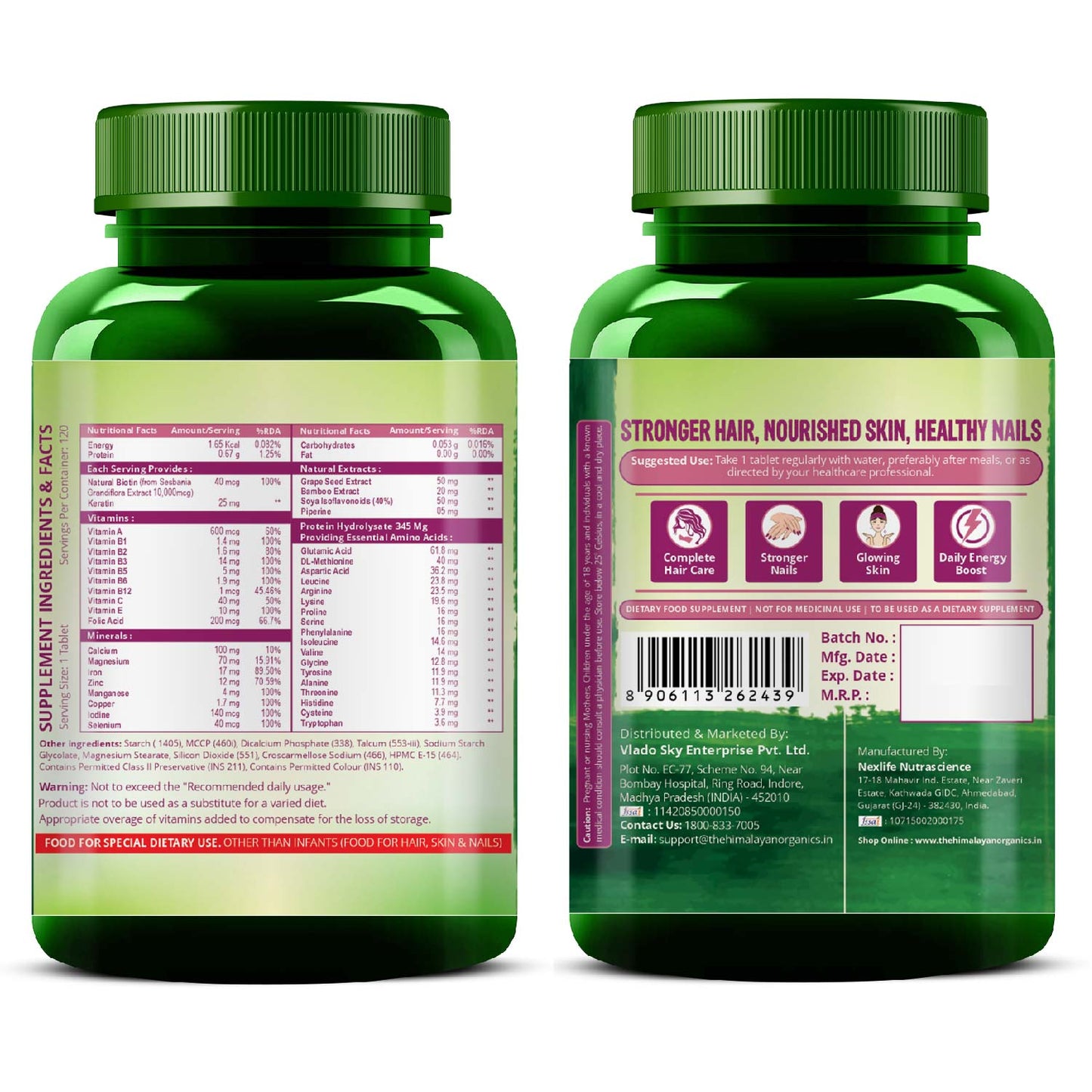Vlado's Himalayan Organics Biotin 10,000mcg Supplement with Keratin + Amino Acids & Multivitamin - 120 Veg Tablets