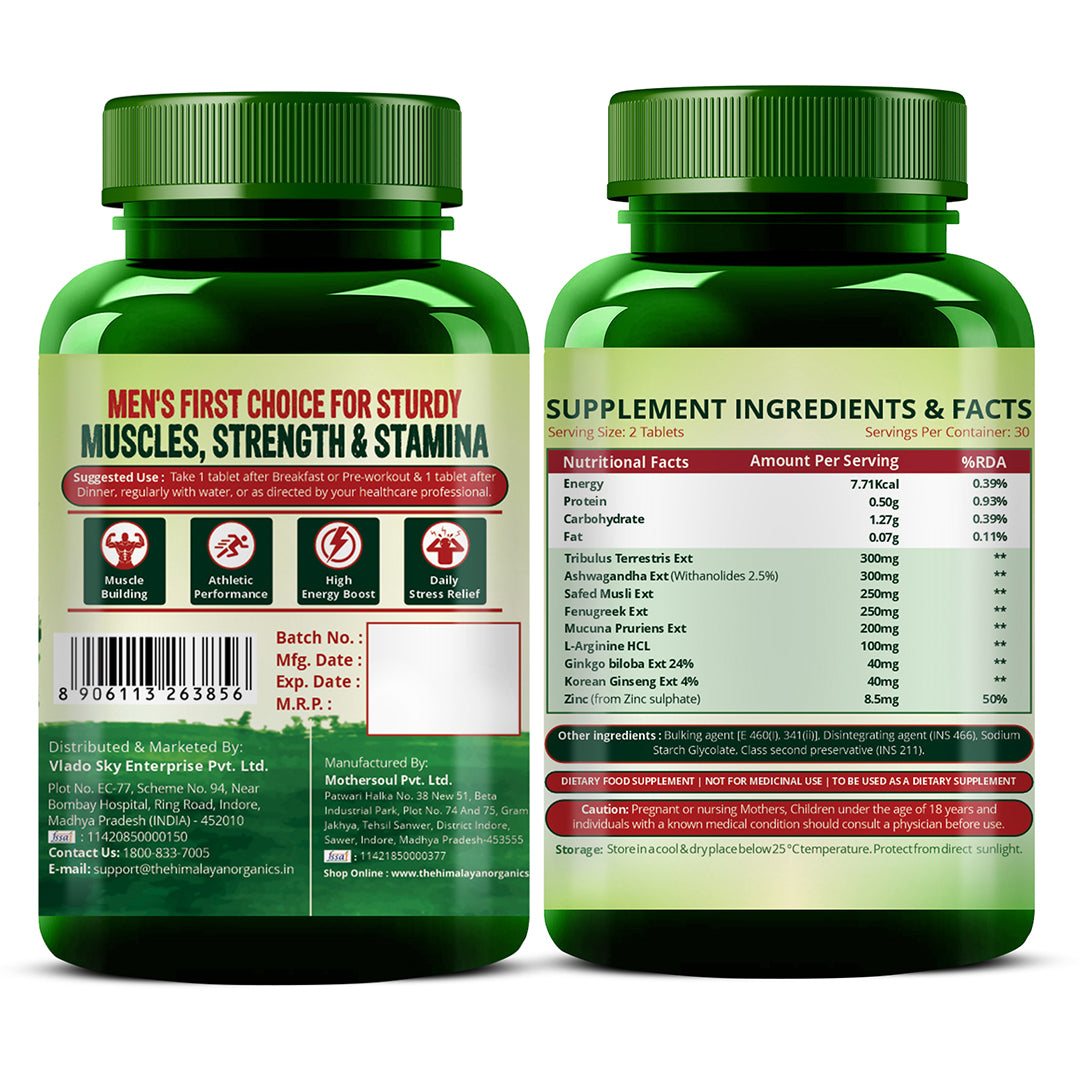 Vlado's Himalayan Organics Testosterone Booster | Supports Muscle & Energy Boost | With Tribulus, Ashwagandha, Safed Musli & Zinc | 60 Veg Tabs