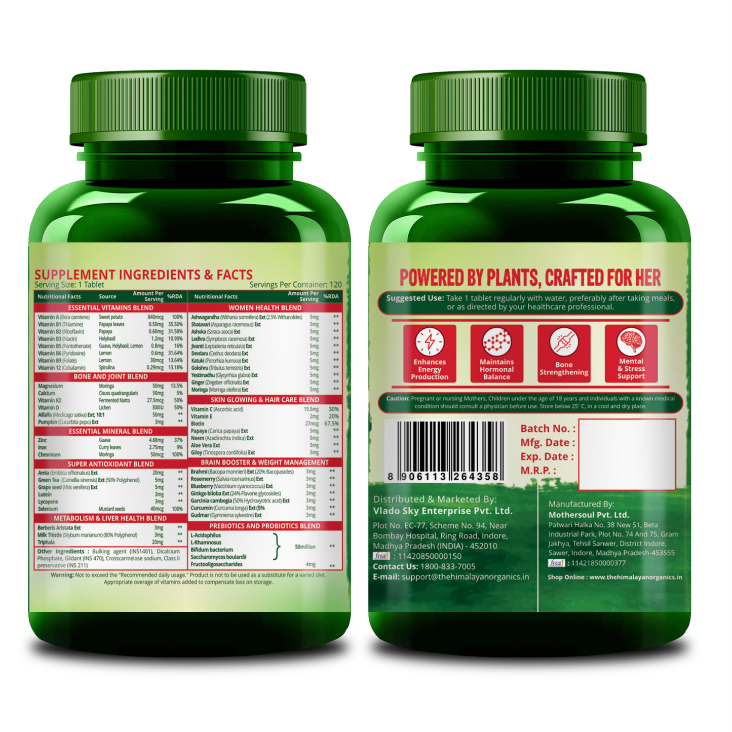 Vlado's Himalayan Organics Plant Based Multivitamin Women 45+ | Enhances Immunity | Boosts Energy Levels | Supports Memory | Good For Hair & Skin - 120 Veg Tablets