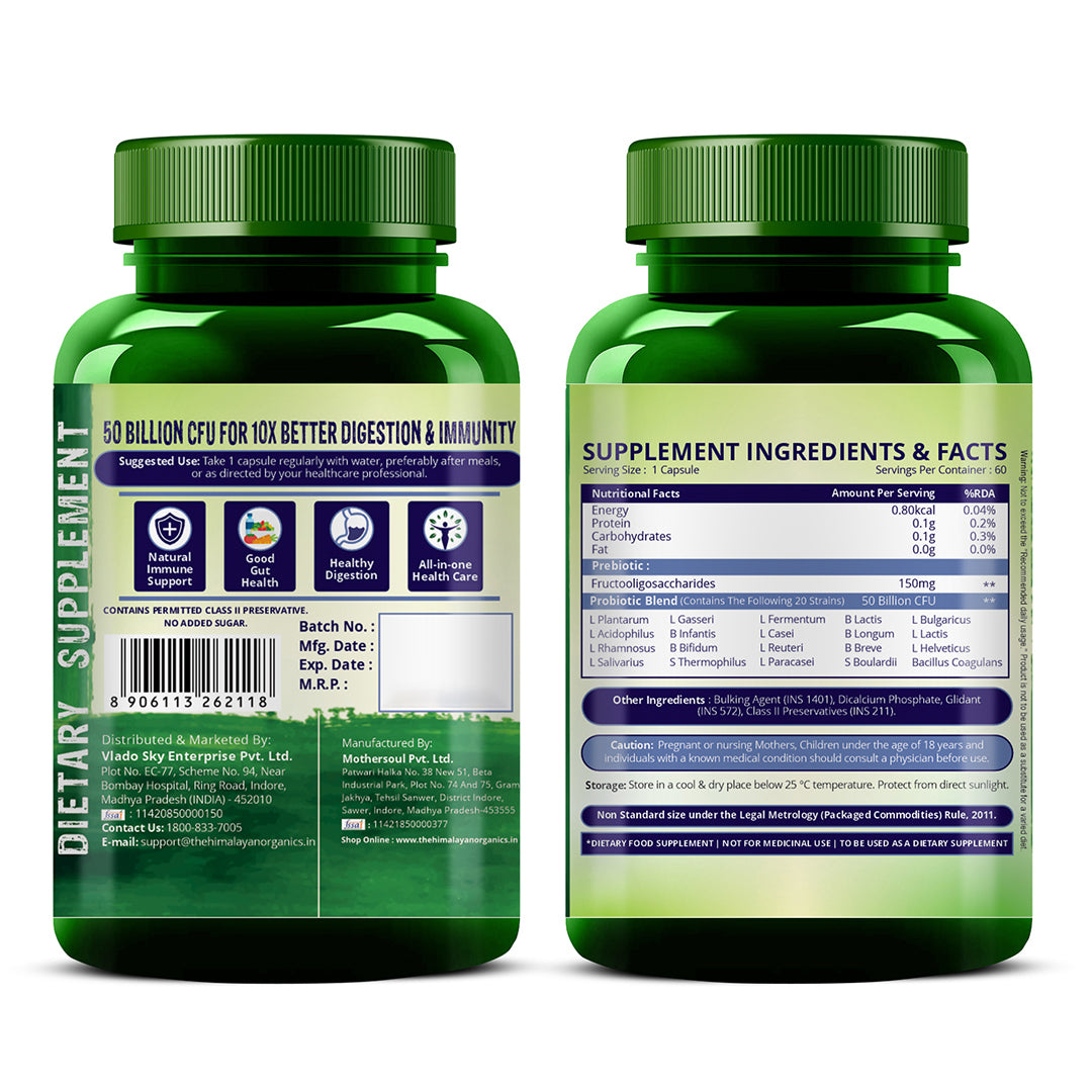 Vlado's Himalayan Organics Probiotics Supplement 50 billion CFU with Prebiotics 150mg for Digestion, Gut Health & Immunity - 60 Veg Capsules