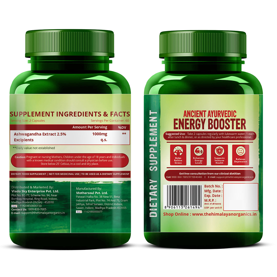 Vlado's Himalayan Organics Ashwagandha 1000mg / Serve for Anxiety Stress Relief & Endurance - 120 Veg Capsules