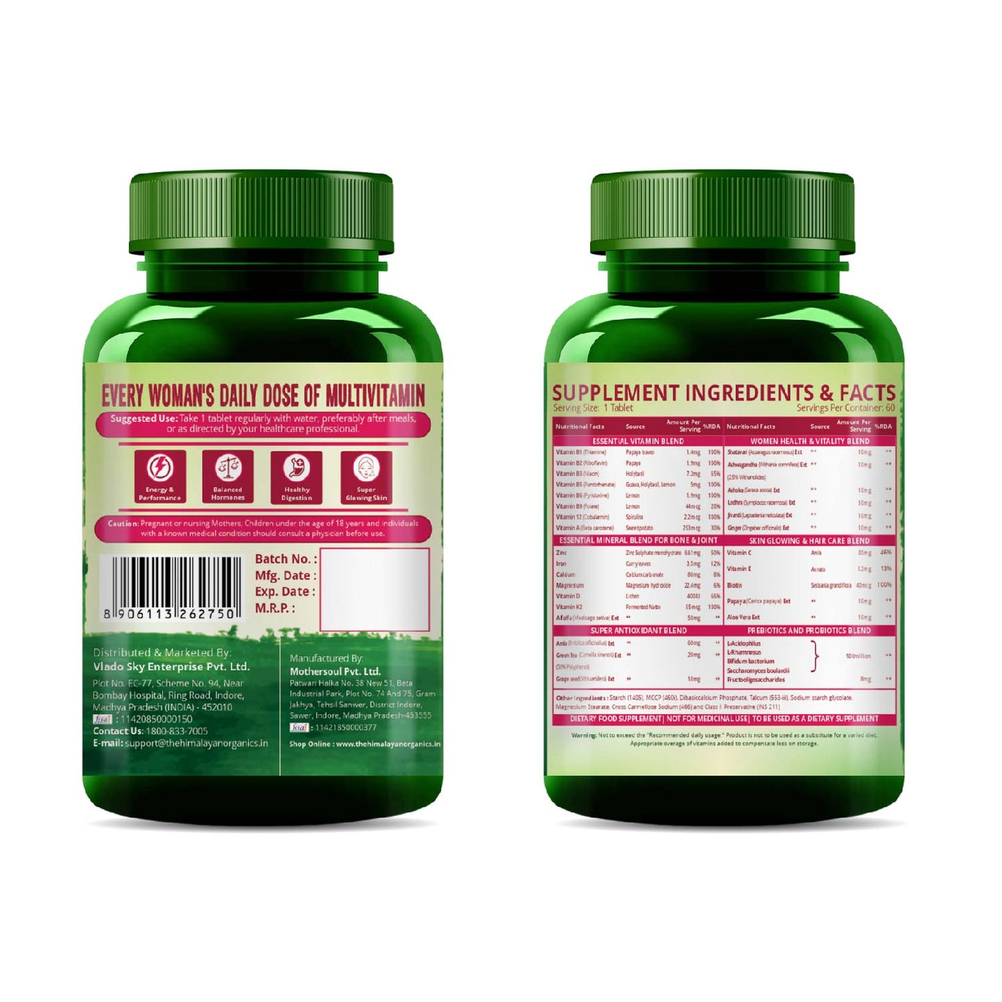 Vlado's Himalayan Organics Multivitamin with Probiotics for Women | 60 Veg Tabs | 60 + Natural Extracts, Essential Vitamins & Minerals |Vitamin D3, B12, Calcium, Curcumin & Biotin