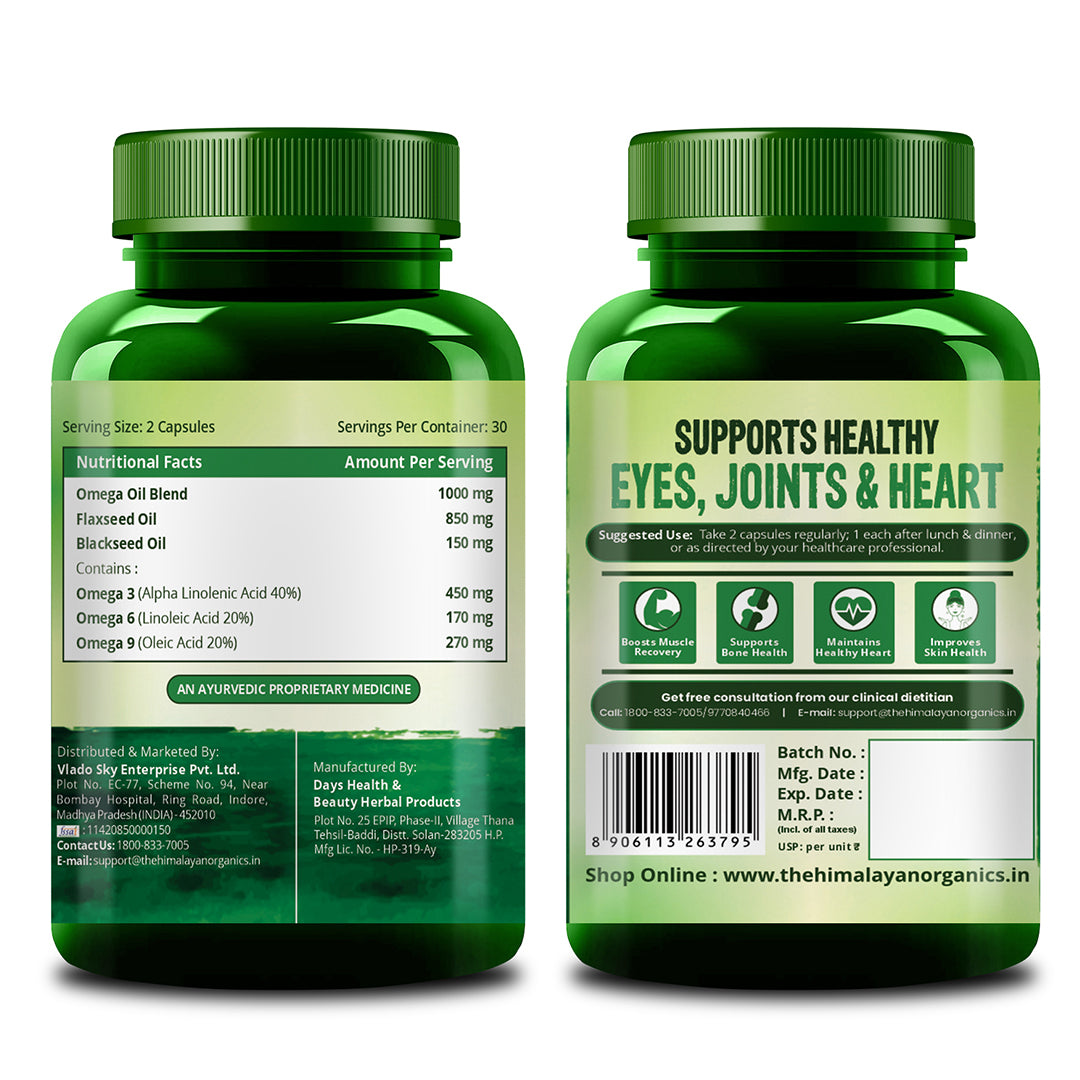 Vlado's Himalayan Organics Omega 3 6 9 Vegan Natural Nutrition Supplement for Muscle , Bone , Heart & Skin - 60 Capsules