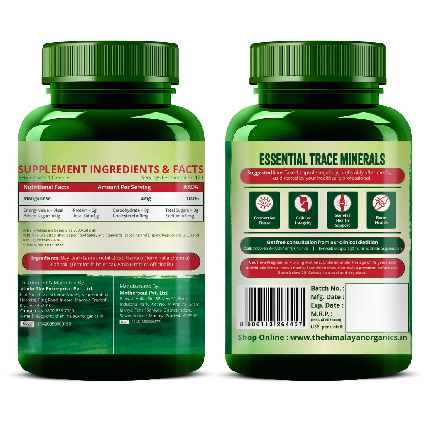 Vlado's Himalayan Organics Plant Based Manganese 4mg Supplement | Trace Mineral Supplement for Connective Tissue and Bones | Good For Skeletal Health Support - 120 Veg Capsules