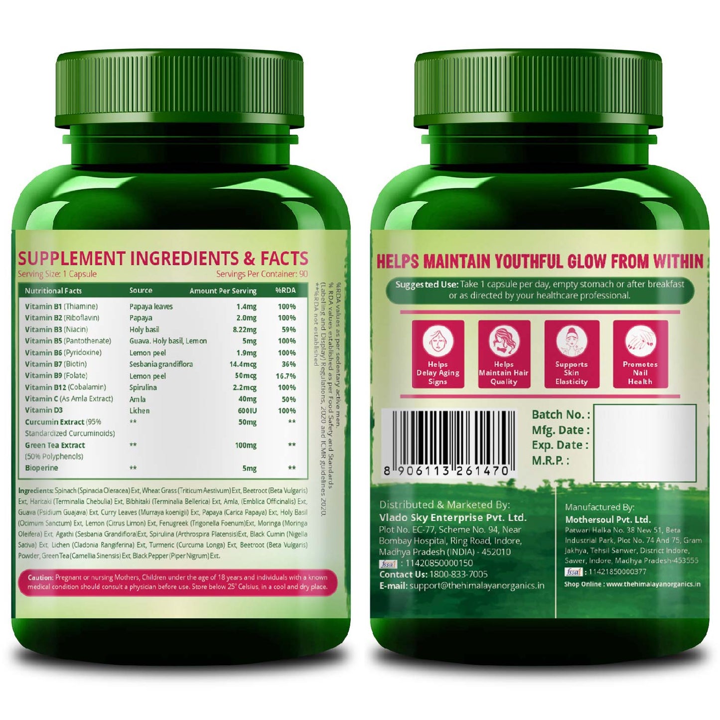 Vlado's Himalayan Organics Plant Based Collagen Builder With 8 B Vitamins for Hair and Skin | Collagen Supplement for Women & Men | Collagen Capsules With Biotin & Vitamin C | Glowing and Youthful Skin (90 Capsules)