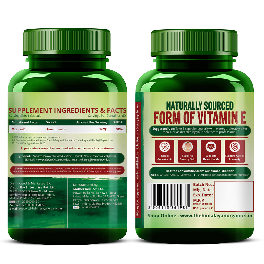 Vlado's Himalayan Organics Plant Based Vitamin E Capsules (Non GMO Sunflower, Aloevera, Argan) - 60 Capsules