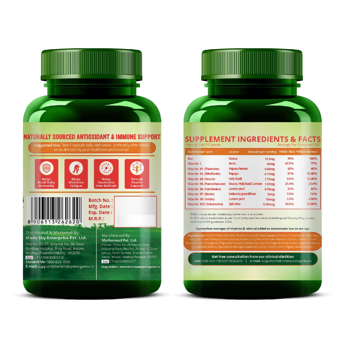Vlado's Himalayan Organics Plant Based Zinc with Vitamin C | Builds Immunity & Anti Inflammation | Acne Support | 120 Veg Capsules