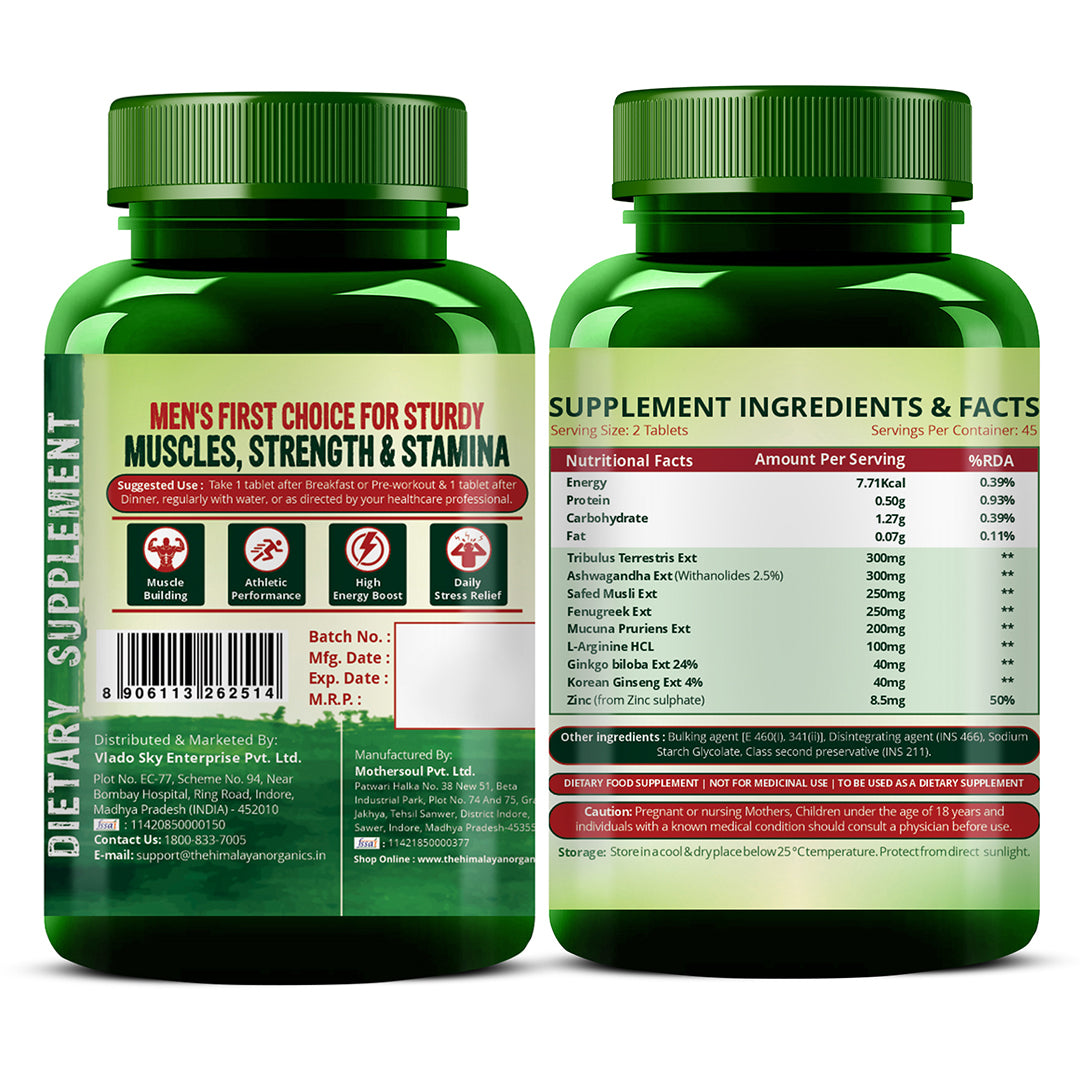 Vlado's Himalayan Organics Testosterone Booster | Supports Muscle & Energy Boost | With Tribulus, Ashwagandha & Safed Musli & Zinc | 90 Veg Tabs