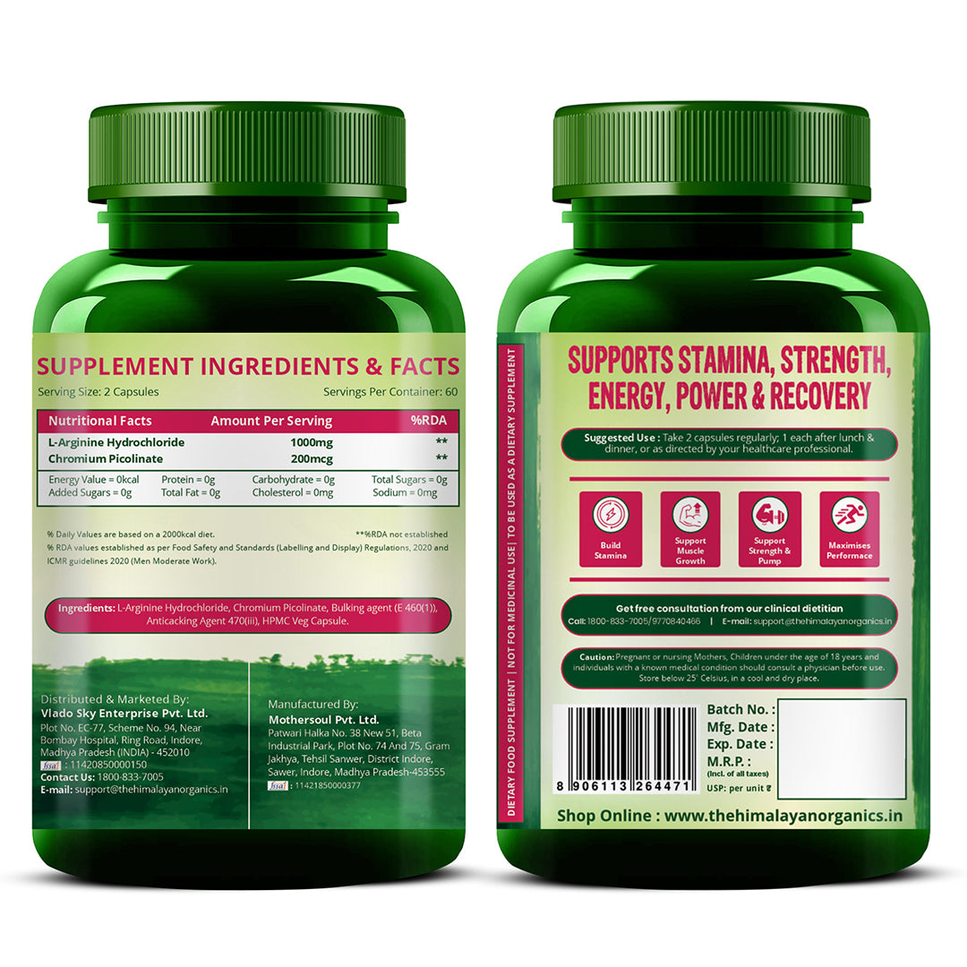 Vlado's Himalayan Organics L-Arginine 1000 mg With Chromium Picolinate Supplement | Improve Muscle Growth Boost Energy And Stamina | Good For Men And Women - 120 Veg  Caps