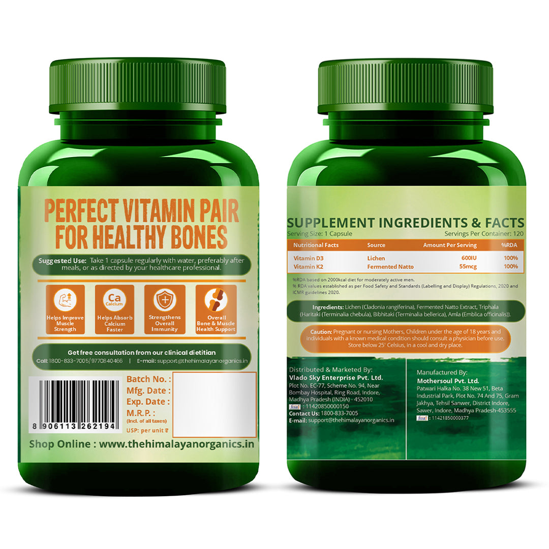 Vlado's Himalayan Organics Plant Based 600iU Supplement | Vitamin D3(Lichen) + K2(Menaquinone Mk7) | Faster Absorption | Boost Immunity | Healthy Bones -120 Veg Capsules