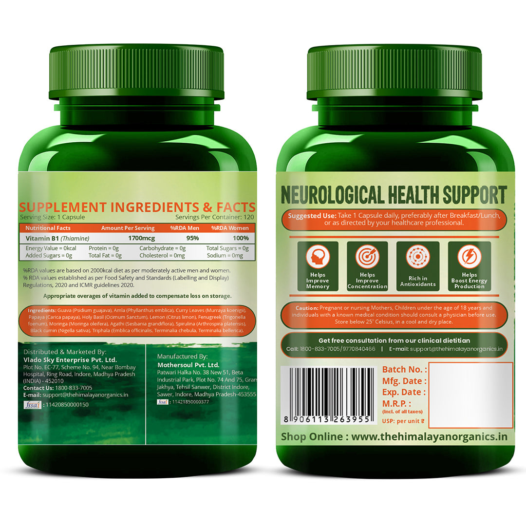 Vlado's Himalayan Organics Plant-Based Vitamin B1 | Rich in Antioxidants | Supports Memory And Energy (120 Capsules)