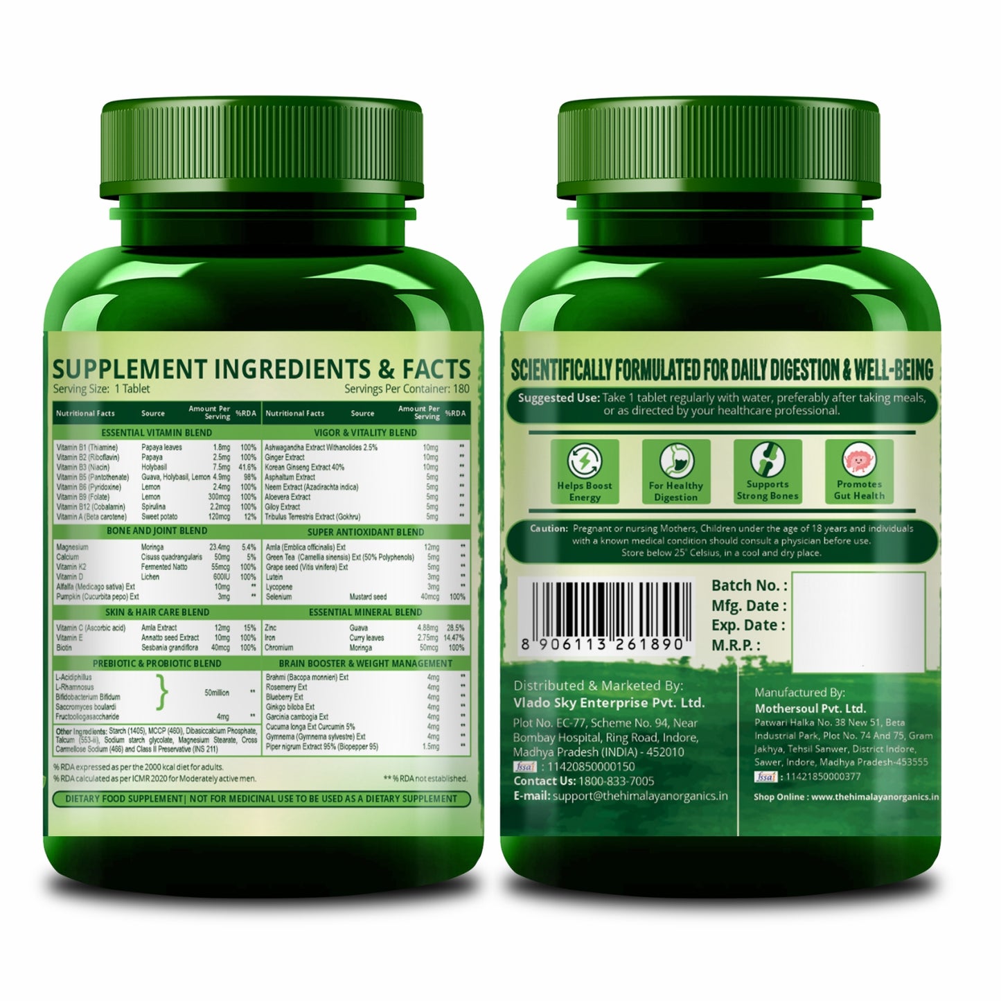 Vlado's Himalayan Organics Multivitamin With Probiotics - 60 Ingredients Supplement For Men And Women - 180 Veg Tablets