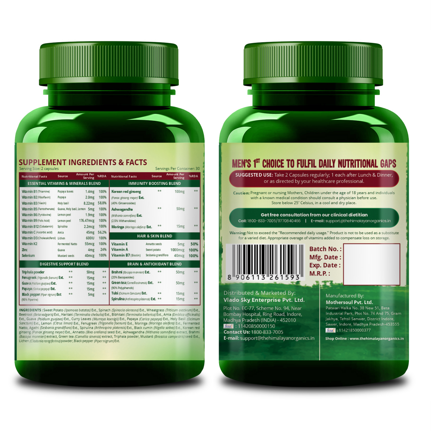 Vlado's Himalayan Organics Whole Food Multivitamin for Men with Vitamins, Minerals, Extracts | For Energy, Brain, Heart Health & Eye Health - 60 Veg Capsules