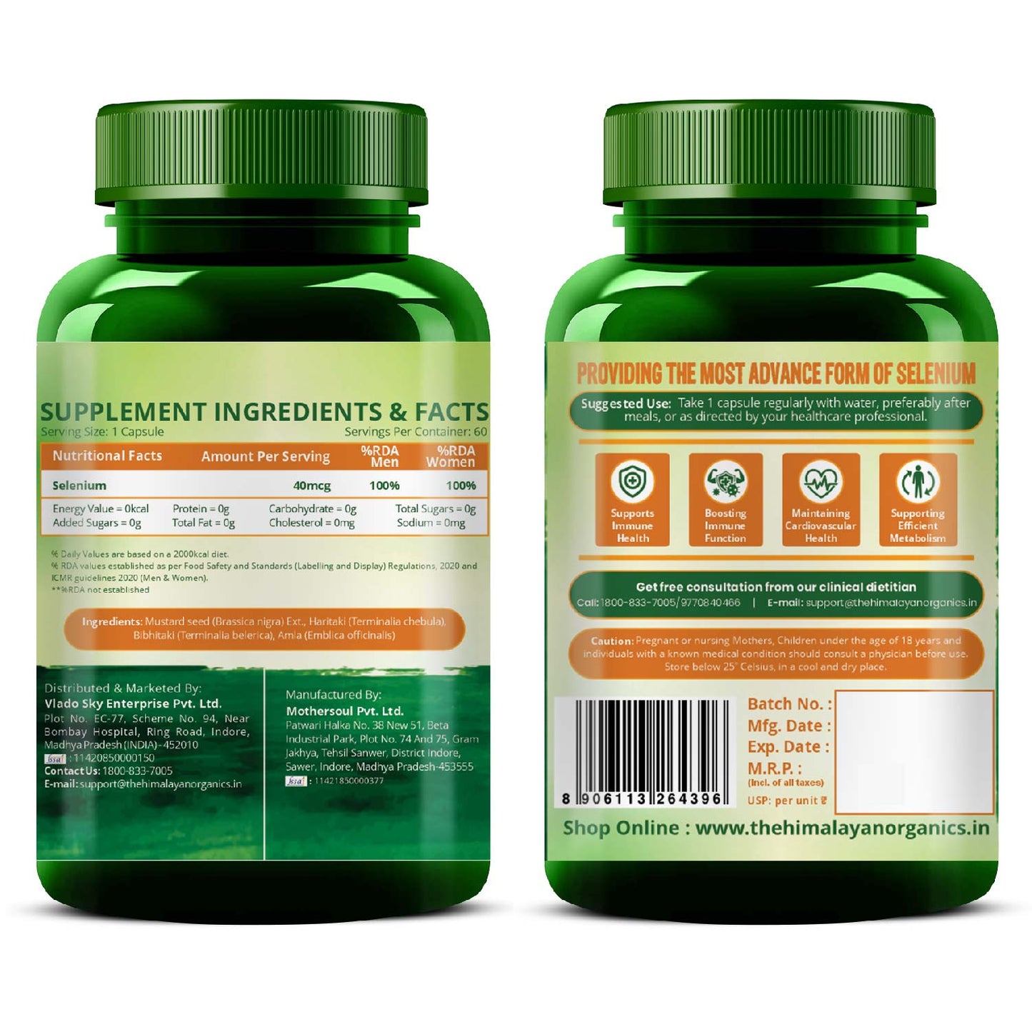 Vlado's Himalayan Organics Plant Based Selenium 40mcg | Supports Immunity I Supports Heart Health I Helps Improve Overall Wellness 60 veg Capsules