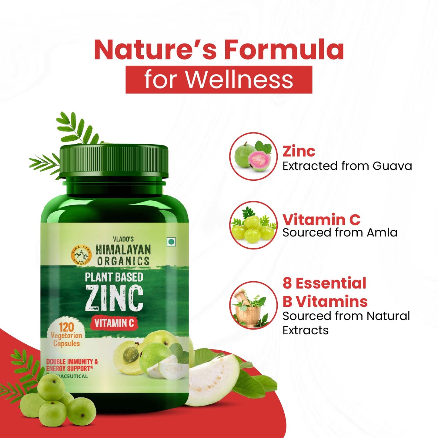 Vlado's Himalayan Organics Plant Based Zinc with Vitamin C | Builds Immunity & Anti Inflammation | Acne Support | 120 Veg Capsules