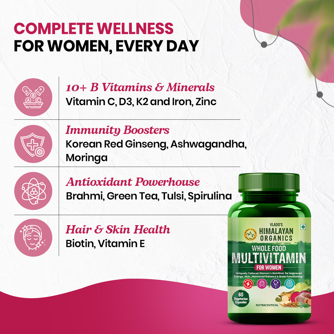Vlado's Himalayan Organics Whole Food Multivitamin For Women With Vitamin B1, B2, B3, B5, B6, B7, B9, B12, C, D, E, Calcium, Magnesium, Zinc - 60 Veg Capsules
