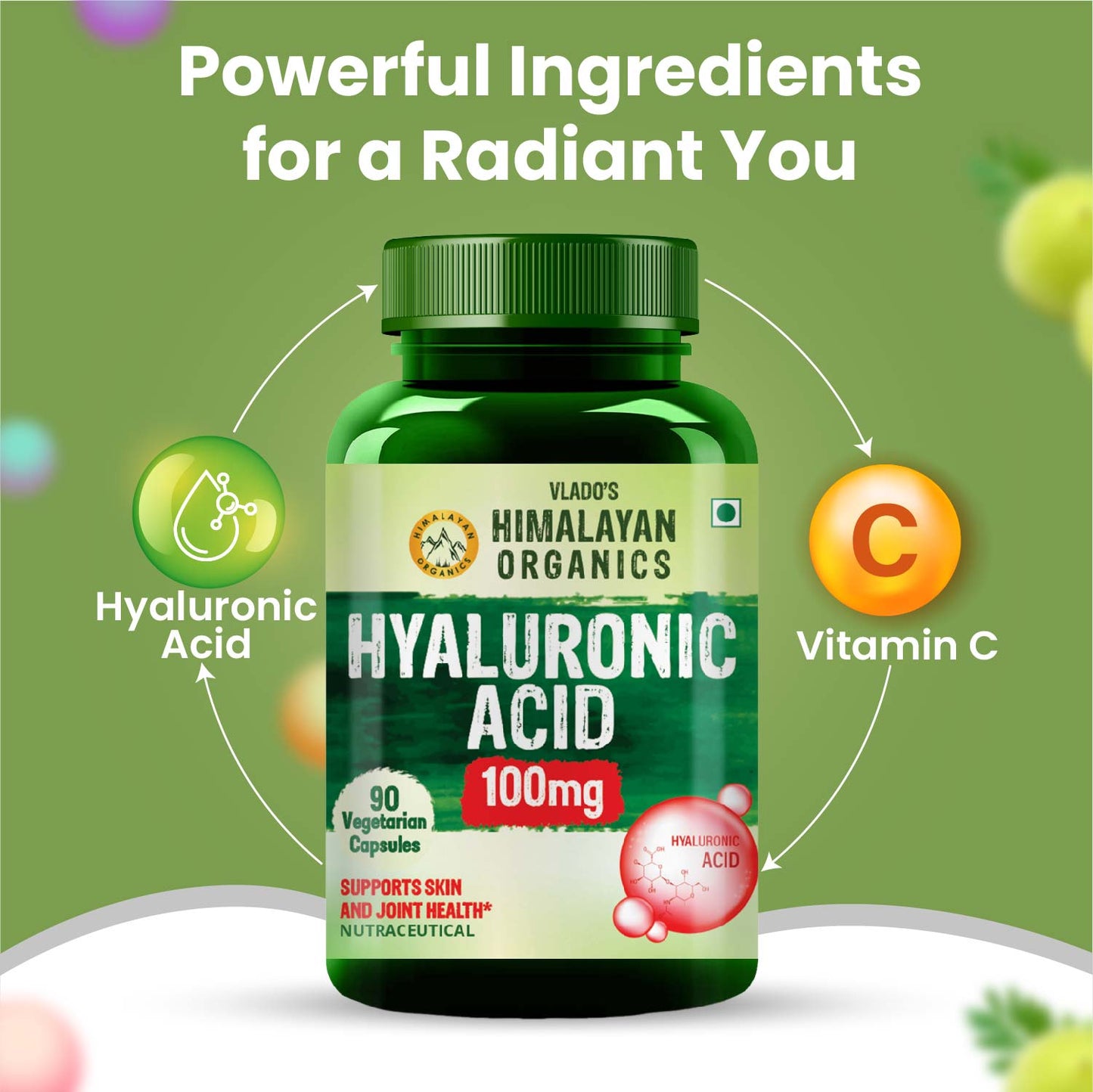 Vlado’s Himalayan Organics Hyaluronic Acid 100mg Supplement | Support Healthy Connective Tissue and Joints | Promote Youthful Glowing Skin - 90 Veg Capsules