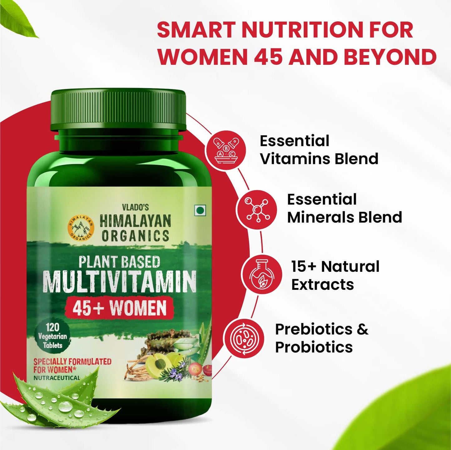 Vlado's Himalayan Organics Plant Based Multivitamin Women 45+ | Enhances Immunity | Boosts Energy Levels | Supports Memory | Good For Hair & Skin - 120 Veg Tablets