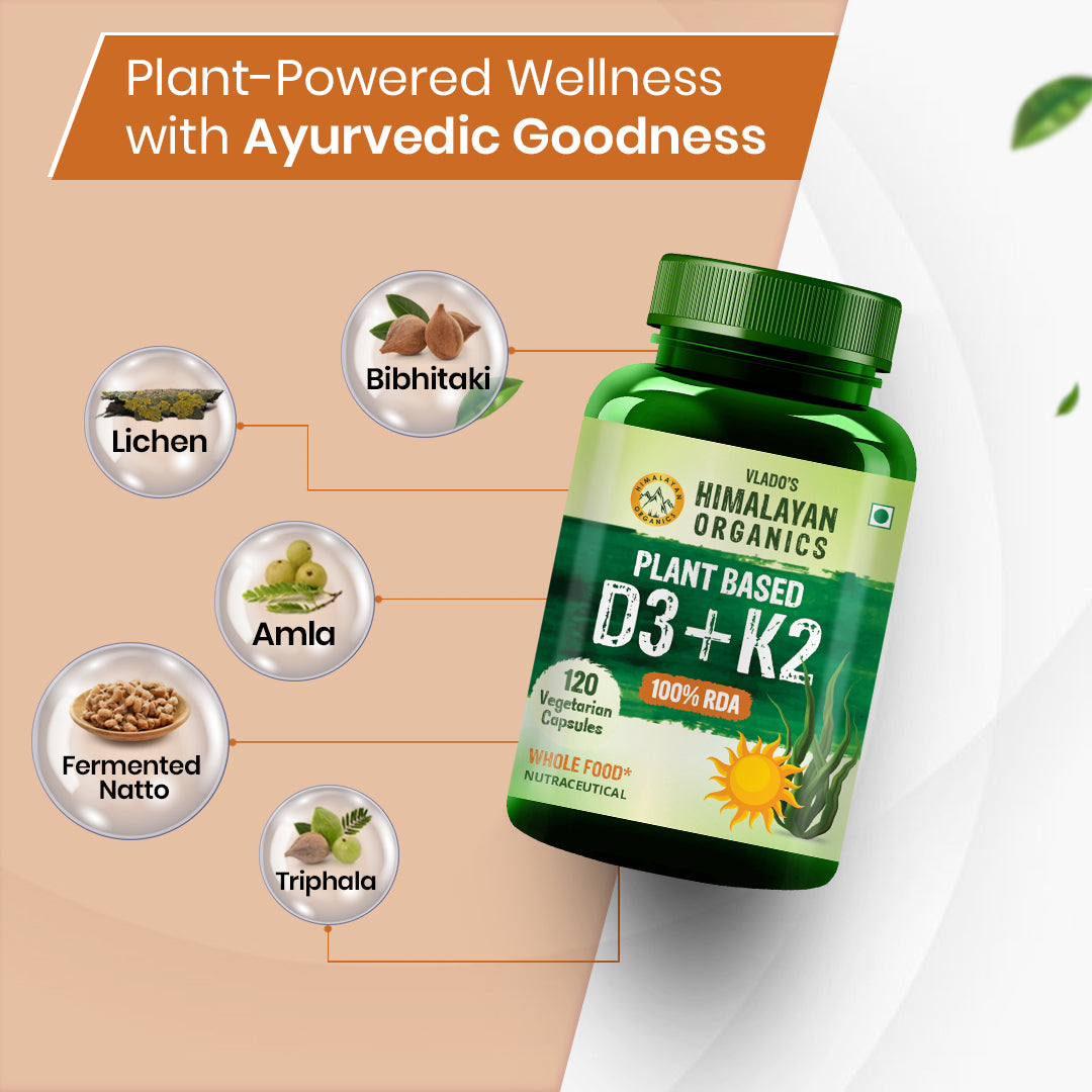 Vlado's Himalayan Organics Plant Based 600iU Supplement | Vitamin D3(Lichen) + K2(Menaquinone Mk7) | Faster Absorption | Boost Immunity | Healthy Bones -120 Veg Capsules