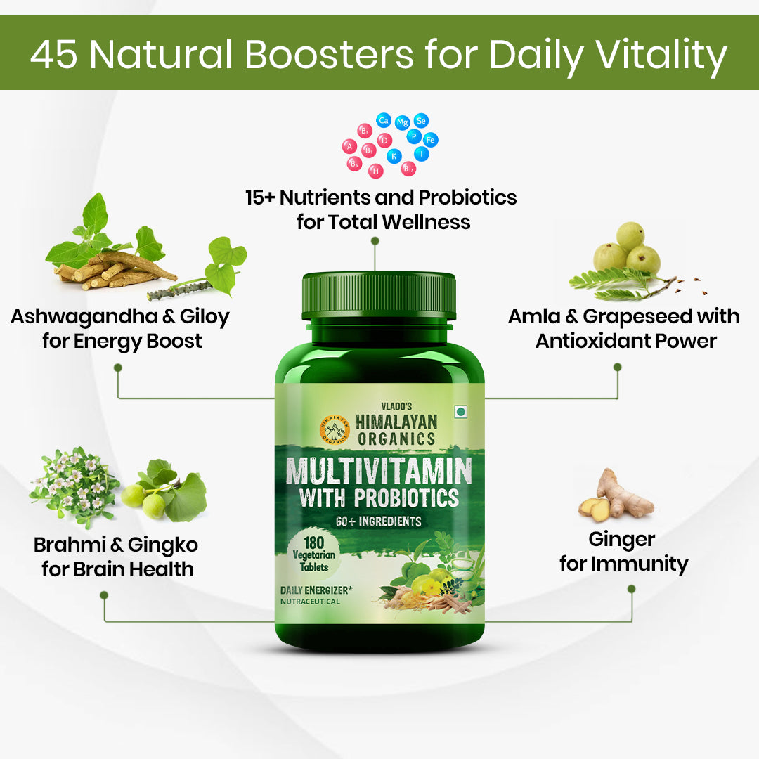 Vlado's Himalayan Organics Multivitamin With Probiotics - 60 Ingredients Supplement For Men And Women - 180 Veg Tablets