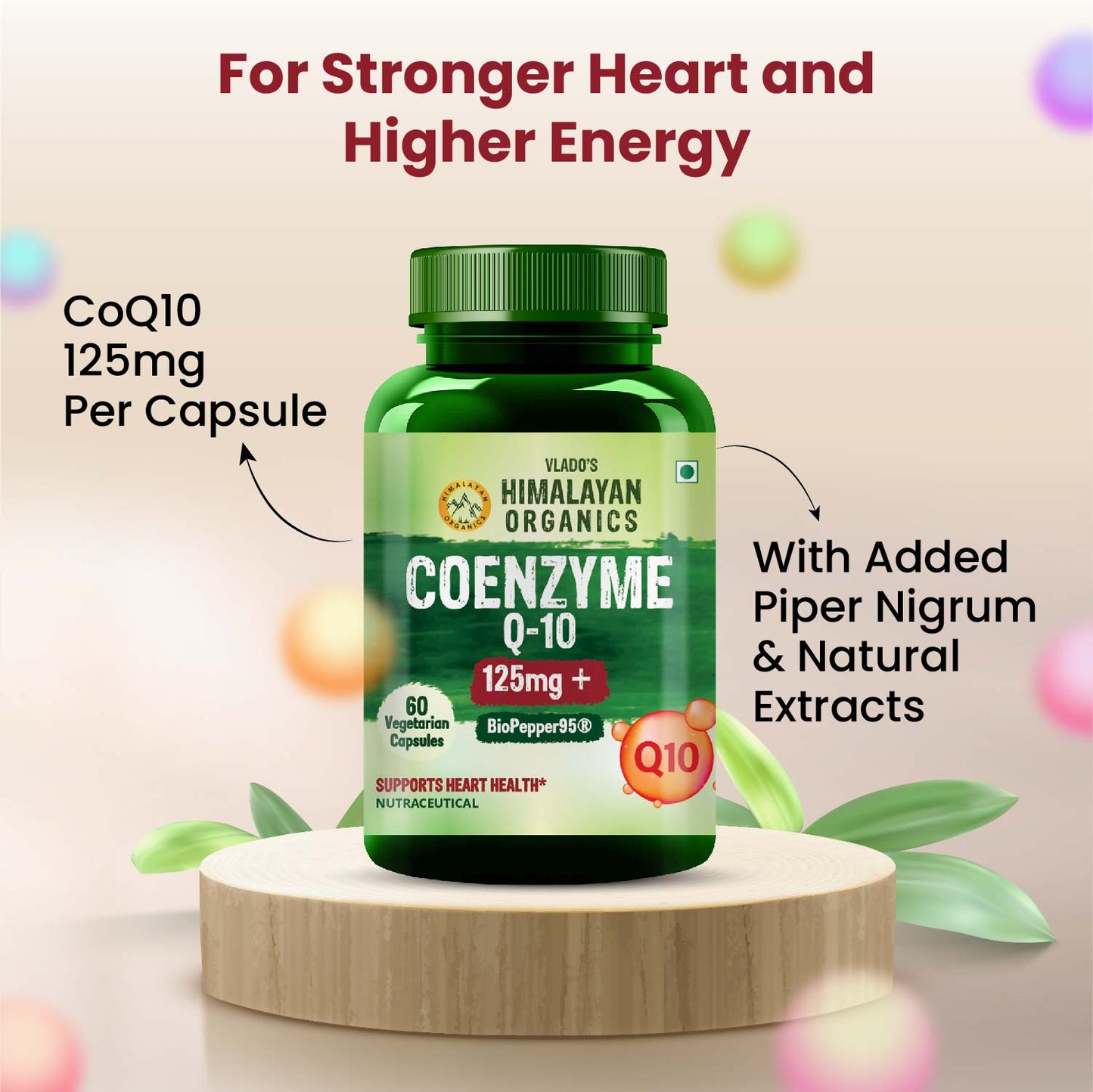 Vlado's Himalayan Organics CoQ10 -125mg With BioPepper - 5mg , COENZYME Q-10 125mg Supplement | High Absorption I Antioxidant Support Healthy Heart Boost Energy And Metabolism High Strength For Men And Women - 60 Veg Capsules