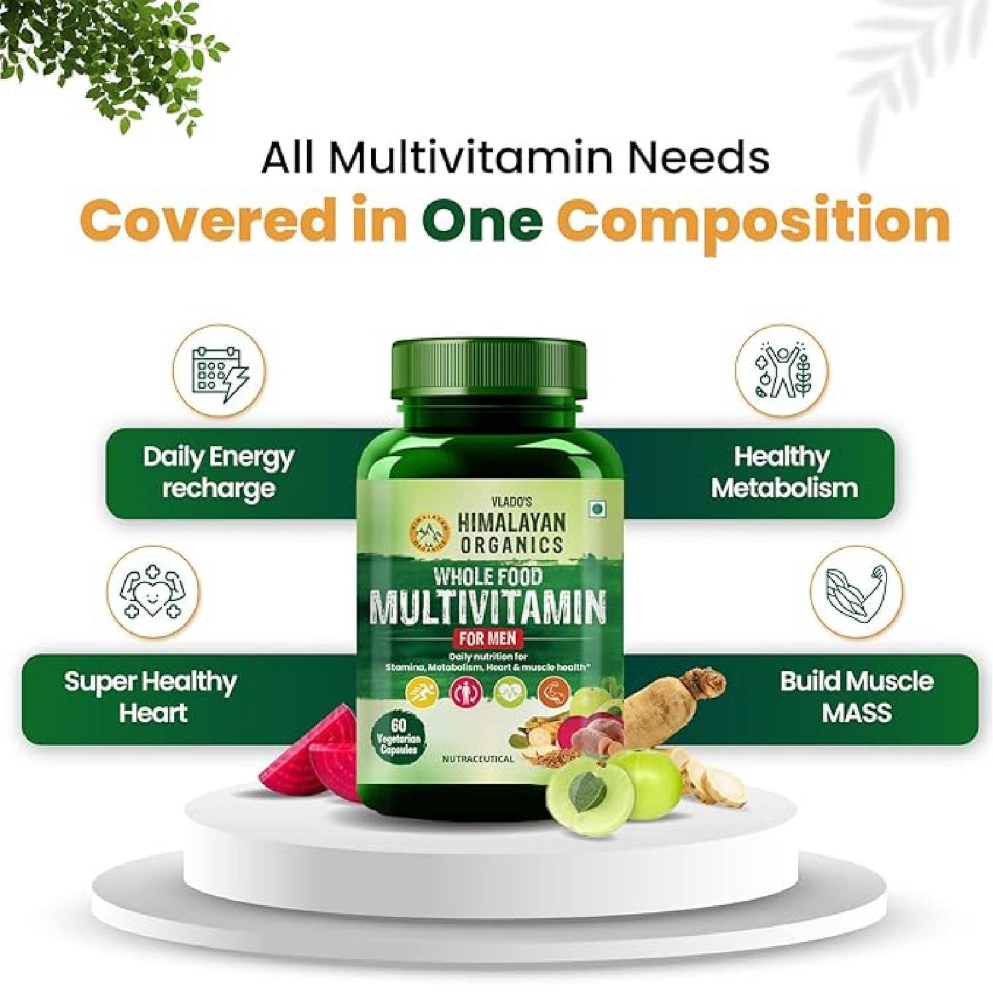 Vlado's Himalayan Organics Whole Food Multivitamin for Men with Vitamins, Minerals, Extracts | For Energy, Brain, Heart Health & Eye Health - 60 Veg Capsules