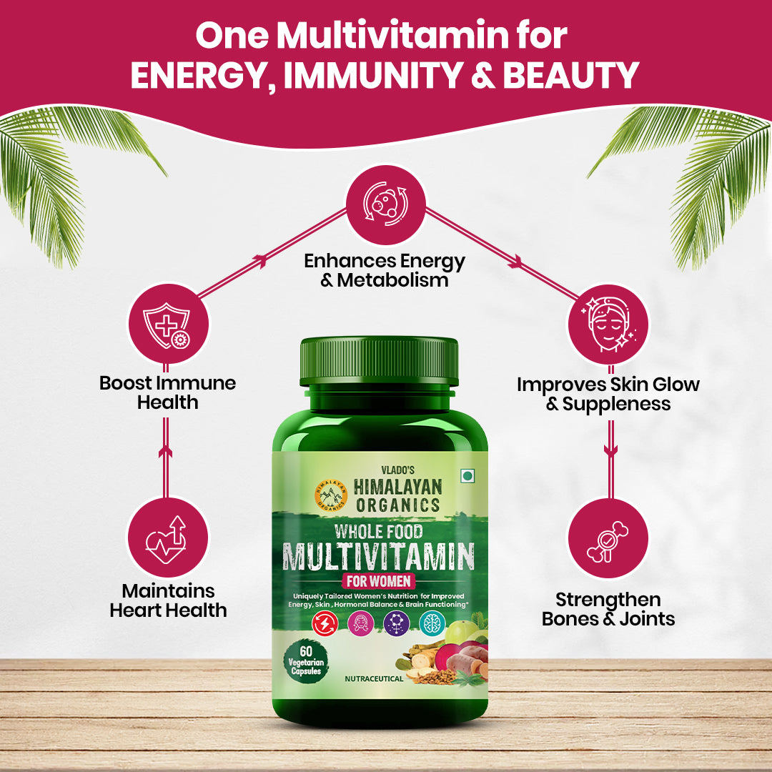 Vlado's Himalayan Organics Whole Food Multivitamin For Women With Vitamin B1, B2, B3, B5, B6, B7, B9, B12, C, D, E, Calcium, Magnesium, Zinc - 60 Veg Capsules