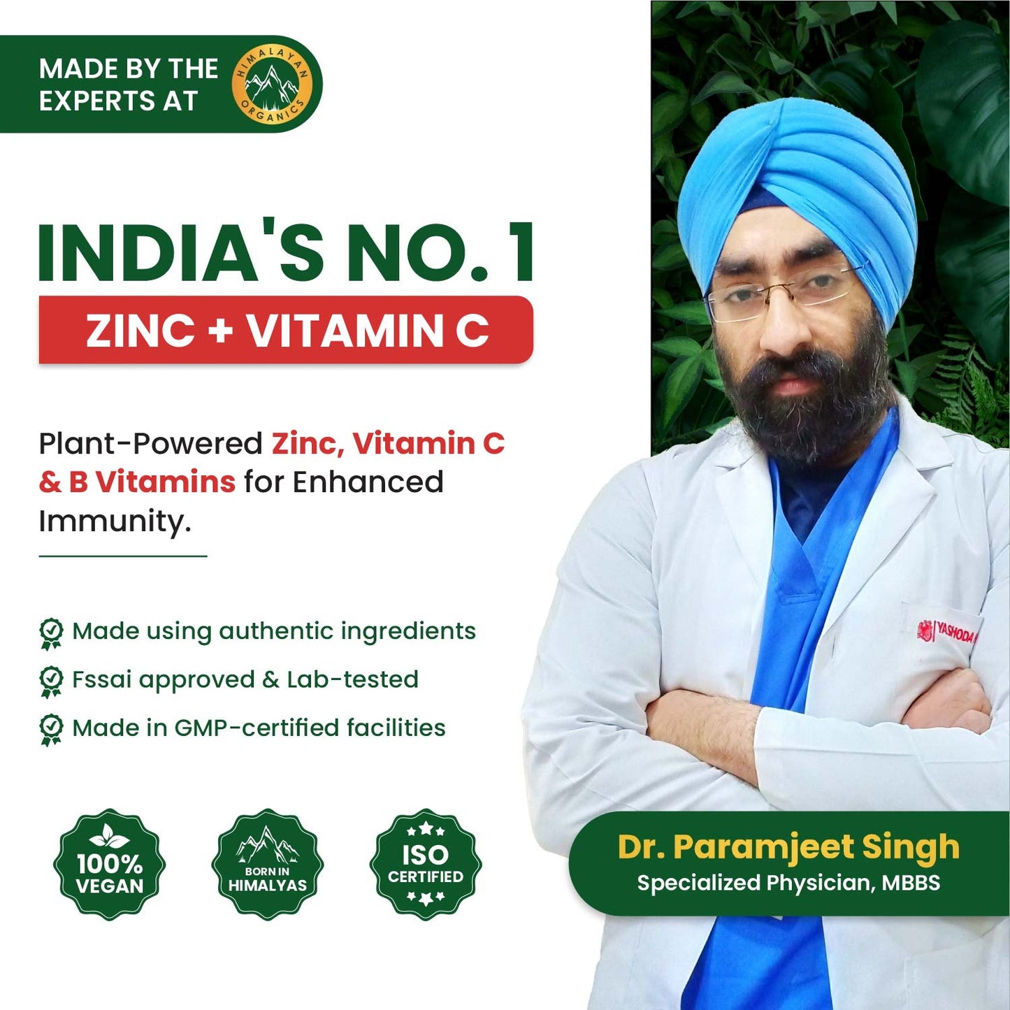 Vlado's Himalayan Organics Plant Based Zinc with Vitamin C | Builds Immunity & Anti Inflammation | Acne Support | 120 Veg Capsules