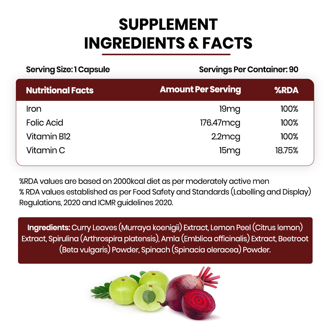 Vlado's Himalayan Organics Plant Based Iron with Folate for Better Hemoglobin, Immunity, Oxygen Binding Capacity - 90 Veg Capsules