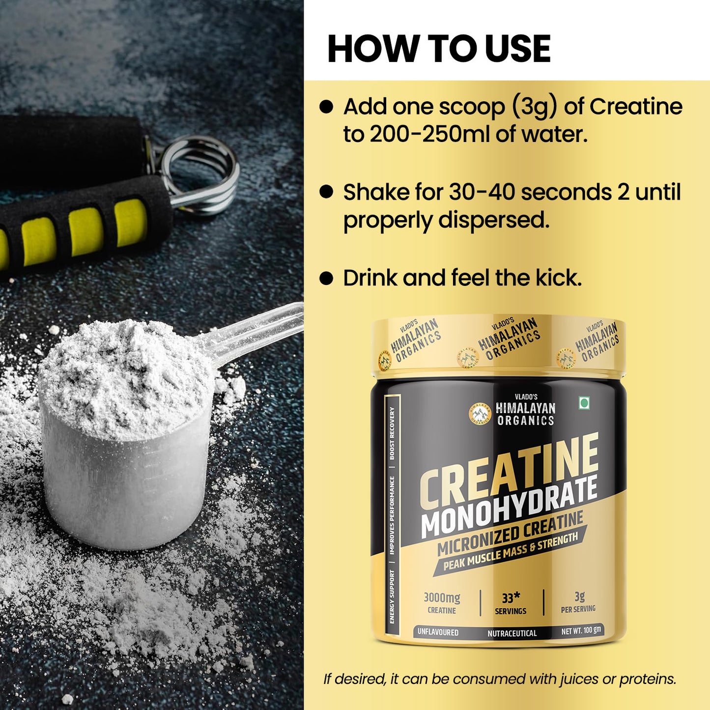 Vlado's Himalayan Organics Pure Micronised Creatine Monohydrate Powder I Pre/Post Workout Supplement, Instant Energy for Athletic Performance I Faster Muscle Building & Recovery I Unflavored - 33 Servings