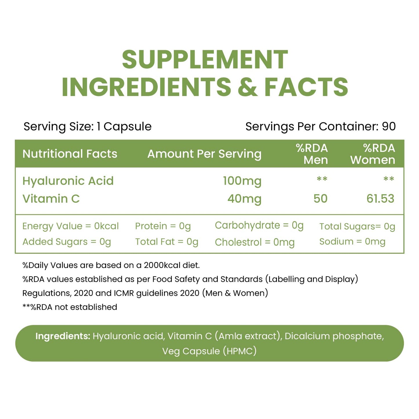 Vlado’s Himalayan Organics Hyaluronic Acid 100mg Supplement | Support Healthy Connective Tissue and Joints | Promote Youthful Glowing Skin - 90 Veg Capsules