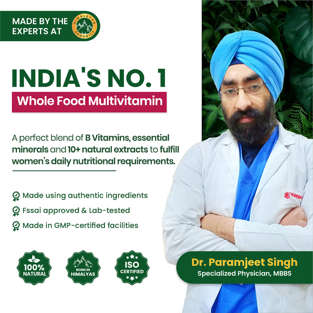 Vlado's Himalayan Organics Whole Food Multivitamin For Women With Vitamin B1, B2, B3, B5, B6, B7, B9, B12, C, D, E, Calcium, Magnesium, Zinc - 60 Veg Capsules