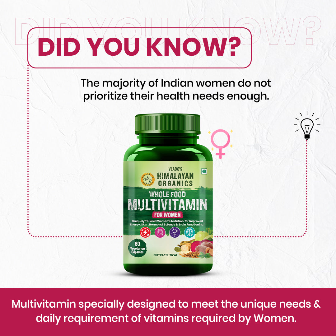 Vlado's Himalayan Organics Whole Food Multivitamin For Women With Vitamin B1, B2, B3, B5, B6, B7, B9, B12, C, D, E, Calcium, Magnesium, Zinc - 60 Veg Capsules