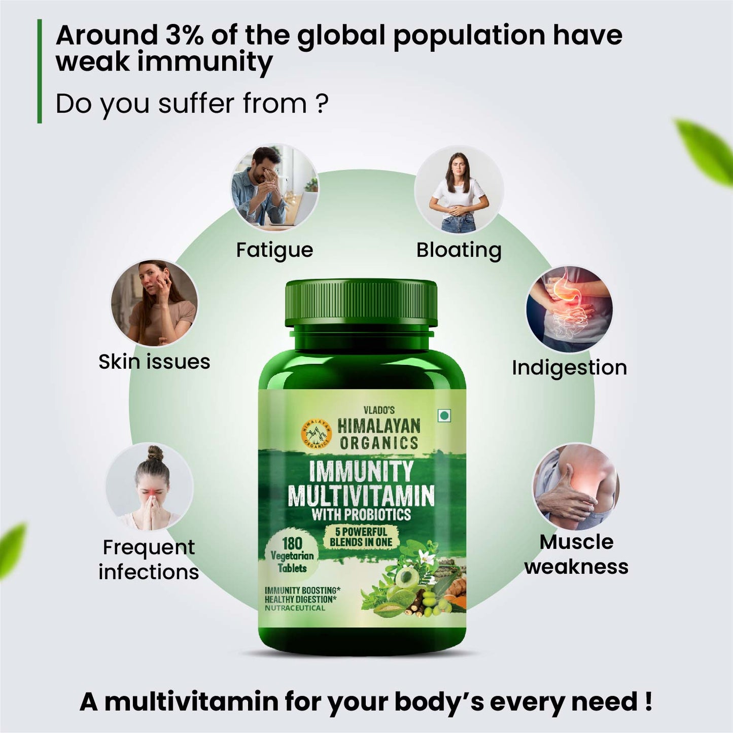 Vlado's Himalayan Organics Immunity Multivitamin with Probiotics with Vitamin C, D, K2, Zinc, Ginseng, Giloy, Biotin For Men & Women - 180 Veg Tablets