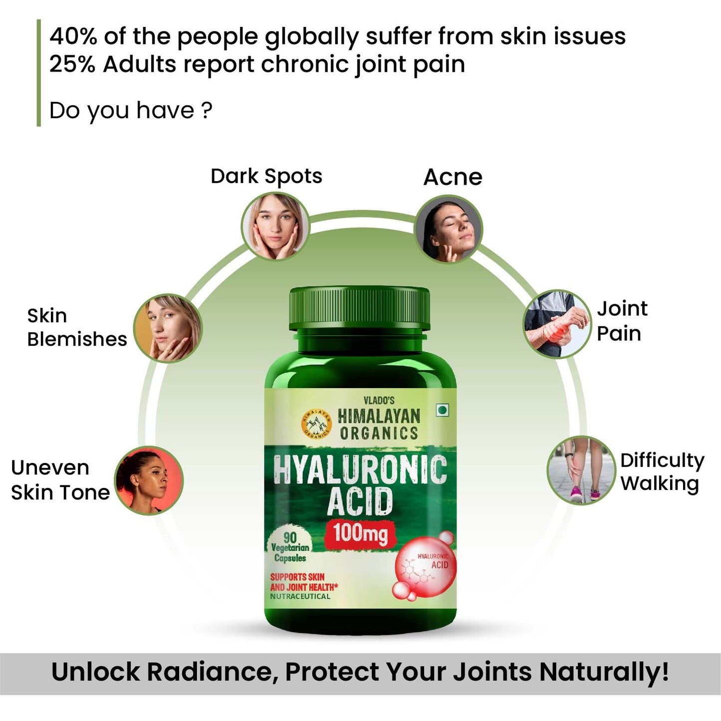 Vlado’s Himalayan Organics Hyaluronic Acid 100mg Supplement | Support Healthy Connective Tissue and Joints | Promote Youthful Glowing Skin - 90 Veg Capsules